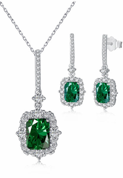 BRELLATO Vintage Schmuck-Set Smaragd-Grüner Kristall-Anhänger Ohrringe Damen Viereckig, Echt Silber-Kette 925 18K Rhodiniert, Ohrstecker Kristall-Kette Halskette Zirkonia