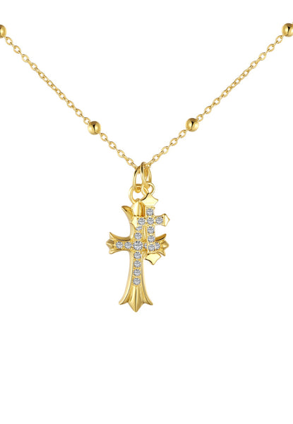 BRELLATO Kreuz Halskette, Kreuz-Anhänger Kugel-Kette Echt Silber 925 18K Gelb-Gold Vergoldet, Zirkonia Kristalle