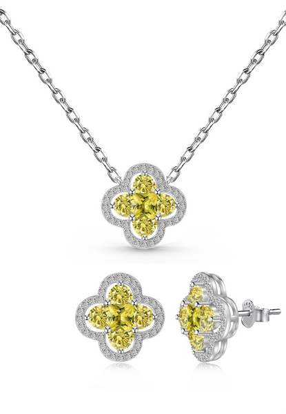 BRELLATO Set Crystal Kleeblatt Lucky Anhänger Ohrstecker Damen-Schmuck, Glücksklee Blume Gelbe Kristalle Echt Silber-Kette Gelbgold, Glücksbringer Talisman Ohrringe Hals-Kette Zirkonia