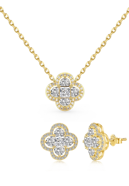 BRELLATO Set Kleeblatt Lucky Kristall-Anhänger Ohrstecker Damen-Schmuck, Glücksklee Echt Silber-Kette Gelbgold, Glücksbringer Talisman Ohrringe Hals-Kette Zirkonia