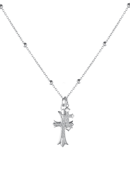 BRELLATO Kreuz Halskette, Kreuz-Anhänger Kugel-Kette Echt Silber 925 18K Weissgold Plattiert, Zirkonia Kristalle