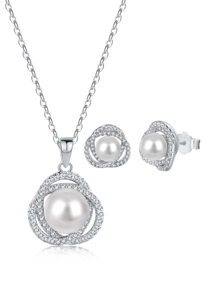 BRELLATO Damen Perlen-Anhänger Ohrstecker Set, Echt Silber-Kette 925 18K Rhodiniert, Ohrringe Perlen-Kette Halskette Zirkonia Kristalle