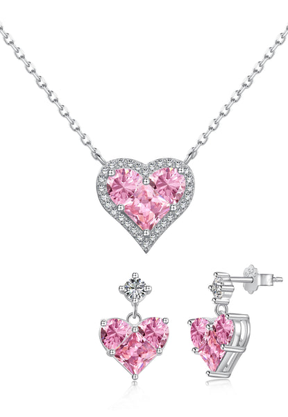 BRELLATO Pink Rosa Herz-Kette Anhänger Ohrstecker Set, Echt Silber-Kette 925 18K Rhodiniert, Ohrringe Herz-Halskette Zirkonia Crystals, Geschenk Muttertag Valentinstag