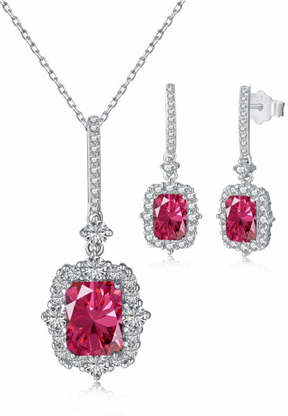 BRELLATO Vintage Schmuck-Set Roter Kristall-Anhänger Ohrringe Damen, Echt Silber-Kette 925 18K Rhodiniert, Ohrstecker Kristall-Kette Rubin-Rot Halskette Zirkonia