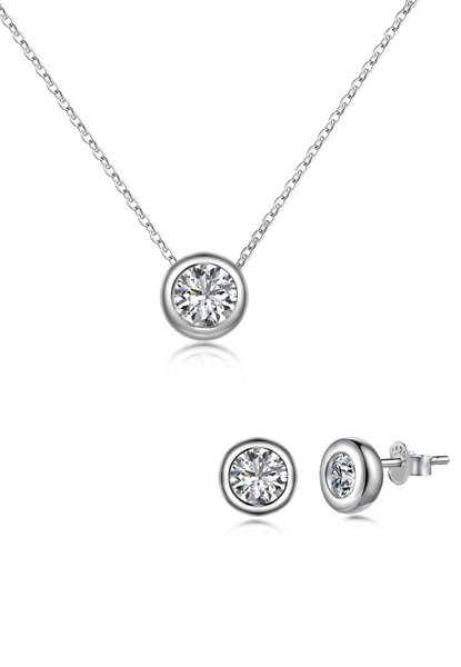 BRELLATO Set Runder Solitaire Kristall-Anhänger Ohrstecker Damen-Schmuck, Echt Silber-Kette 925 18K Rhodiniert, Ohrringe Kristall-Kette Halskette Zirkonia