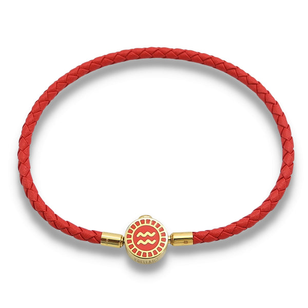 BRELLATO Astro Sternbild Sternzeichen Wassermann Armband Edelstahl Vergoldet, Tierkreiszeichen Rot Lederarmband Geflochten